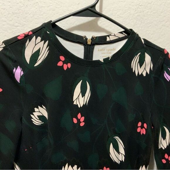 Kate Spade Long Bell Sleeve Floral Print Mini Dress Black Stretchy S - Picture 4 of 8